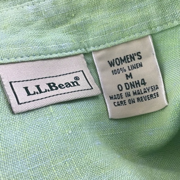 LL Bean 100% linen sherbet  green 3/4 sleeve button up pointed collar shirt Med - Picture 9 of 10